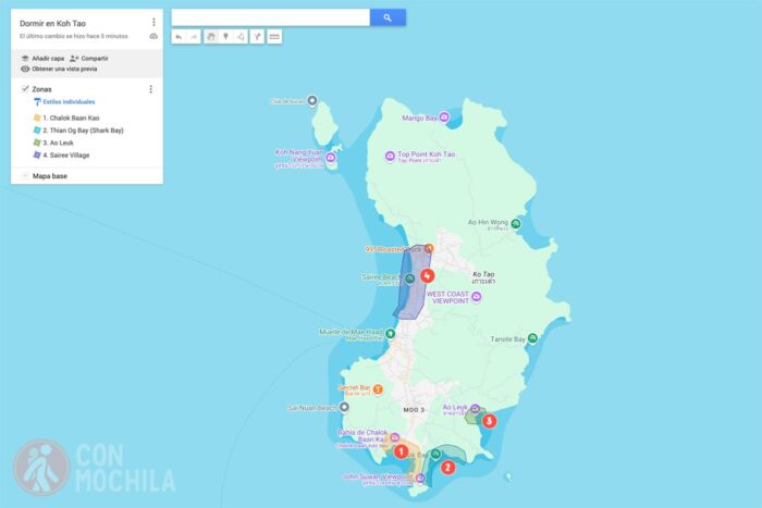Mapas con las zonas donde dormir en Koh Tao
