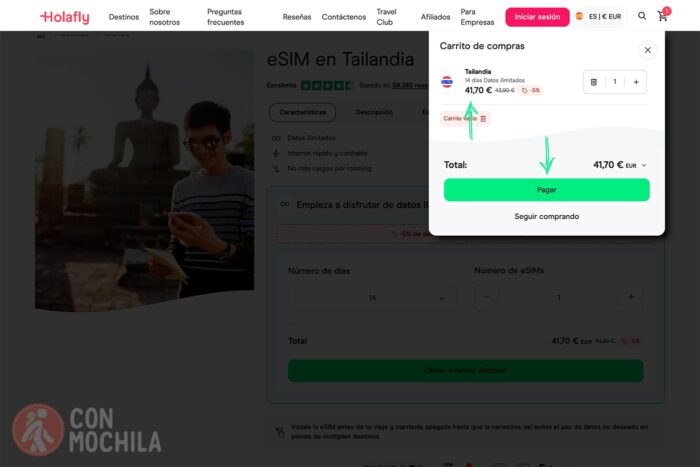 Tu carrito de la compra con el codigo descuento Holafly aplicado