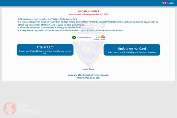 Pantalla de inicio del sistema TDAC Tailandia