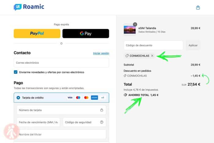 Precio con el descuento Roamic aplicado